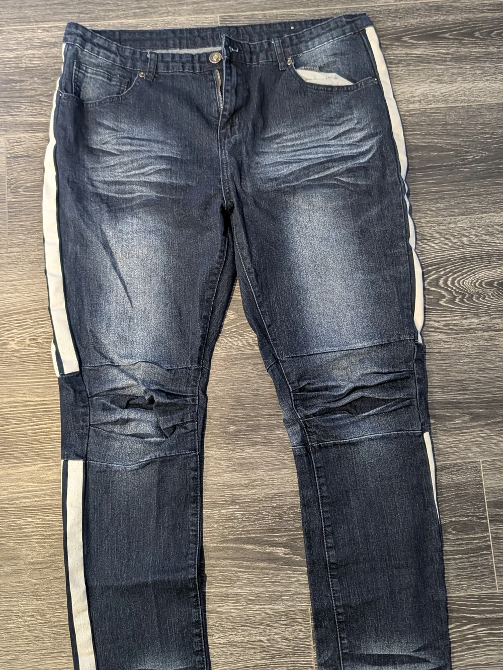 Men's Dark Blue Slim Straight Jeans with White Side Stripes